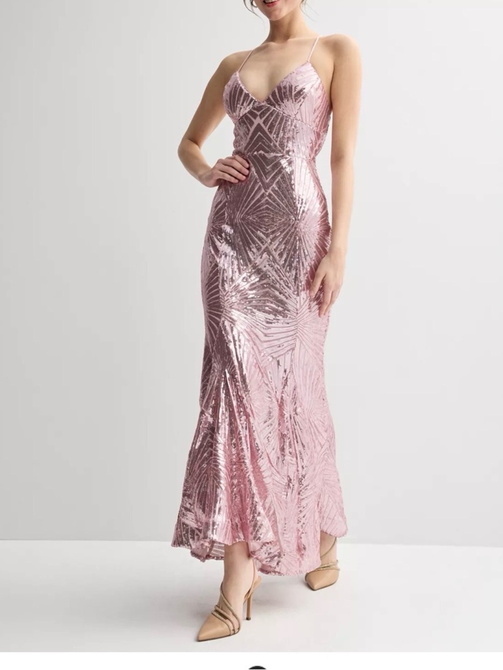 Rose Metallic Sequin Maxi Slip Dress with Spaghetti Straps